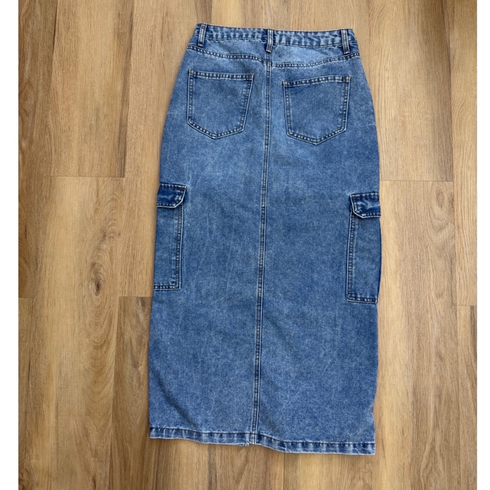 Denim Cargo Maxi Skirt High Waisted Front Slit preppy indie hippie - Picture 3 of 7